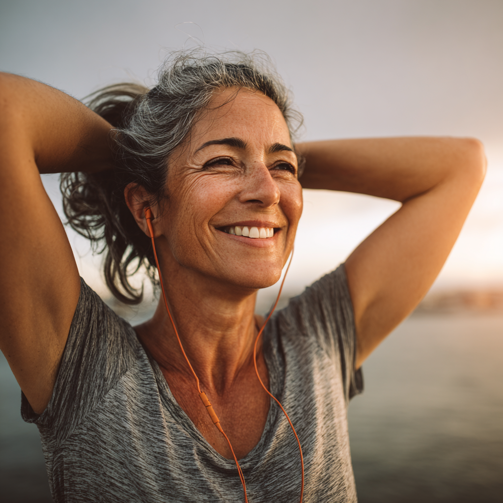Middle-aged woman showing her fitness progress and healthy lifestyle achievements